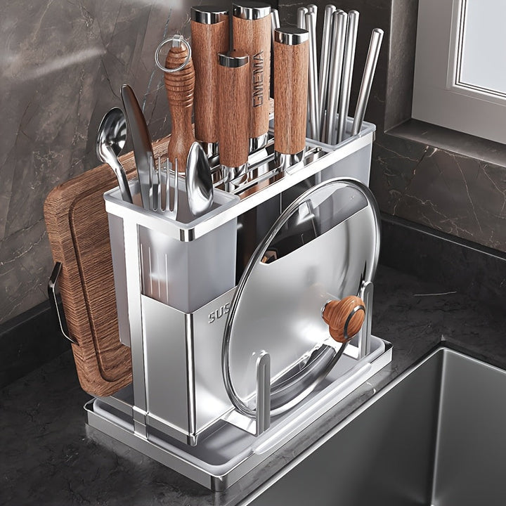 1pieza Porta cuchillos de acero inoxidable con bandeja de drenaje, estantería de almacenamiento de cocina de escritorio, tablero de corte multifuncional para cuchillo, tenedor y organizador de utensilios, resistente a la corrosión y ahorrador de espacio