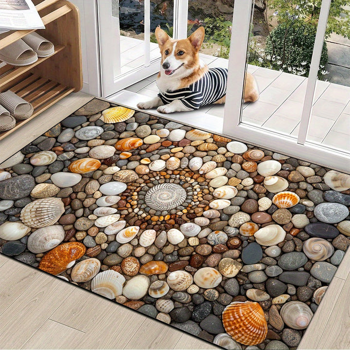 1 alfombra de bienvenida con diseño de conchas y guijarros, alfombra de pelo de cristal lavable para entrada, adecuada para sala de estar, dormitorio, lavandería, oficina, alfombra multifuncional, decoración del hogar, decoración de granja