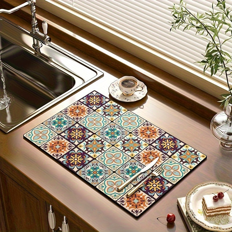 1 pieza, Alfombra de Secado Estilo Bohemio para Cocina, Almohadilla de Alta Absorción, Secado Rápido, Aislamiento Térmico, Base Antideslizante de Goma, Tapete para Grifo, Accesorios para Cocina, Restaurante y Café