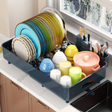 Moderno escurridor de platos retráctil para cocina con construcción de acero inoxidable y plástico, organizador de almacenamiento de drenaje para platos, palillos y utensilios.