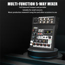 Mezclador de audio DJ Tynan de 5 canales con reproducción USB, alimentación fantasma de 48V, conectividad potente y diseño compacto, ideal para pequeños conciertos, presentaciones en vivo y uso profesional de DJ, accesorios para DJ