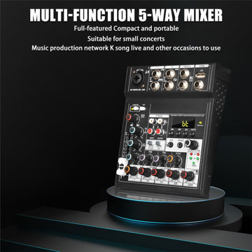 Mezclador de audio DJ Tynan de 5 canales con reproducción USB, alimentación fantasma de 48V, conectividad potente y diseño compacto, ideal para pequeños conciertos, presentaciones en vivo y uso profesional de DJ, accesorios para DJ