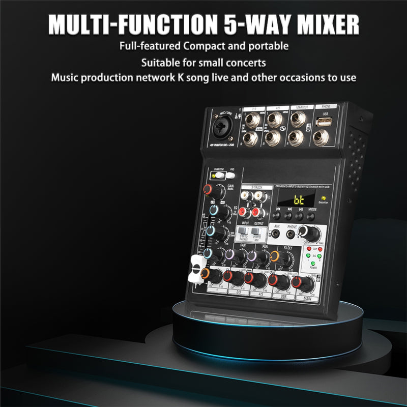 Mezclador de audio DJ Tynan de 5 canales con reproducción USB, alimentación fantasma de 48V, conectividad potente y diseño compacto, ideal para pequeños conciertos, presentaciones en vivo y uso profesional de DJ, accesorios para DJ