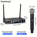 DEPUSHENG Sistema de Micrófono sin varillas Profesional 2/4 Canales con Sonido HD, Anti-Interferencias, Receptor Portátil y Pantalla LCD - Microfónos Mano/Cuello/Cabeza para KTV, Escenarios, Reuniones (Alimentado por Batería, Enchufe US), Micrófono Portá