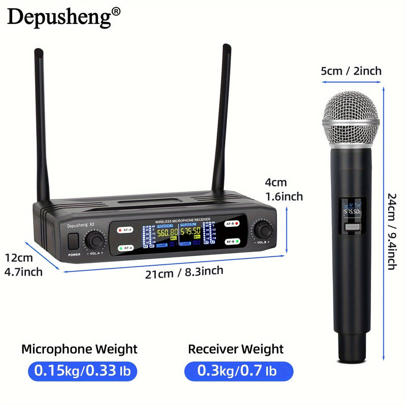 DEPUSHENG Sistema de Micrófono sin varillas Profesional 2/4 Canales con Sonido HD, Anti-Interferencias, Receptor Portátil y Pantalla LCD - Microfónos Mano/Cuello/Cabeza para KTV, Escenarios, Reuniones (Alimentado por Batería, Enchufe US), Micrófono Portá