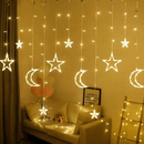 1pc Luces de Cortina LED con Estrellas y Luna - Sin Pilas Necesarias, Perfectas para Ramadán, Bodas, Cumpleaños, Graduaciones, Fiestas, Navidad, Halloween, Decoración del Día de la Independencia | Temática Nocturna Romántica | Adorno Lunar