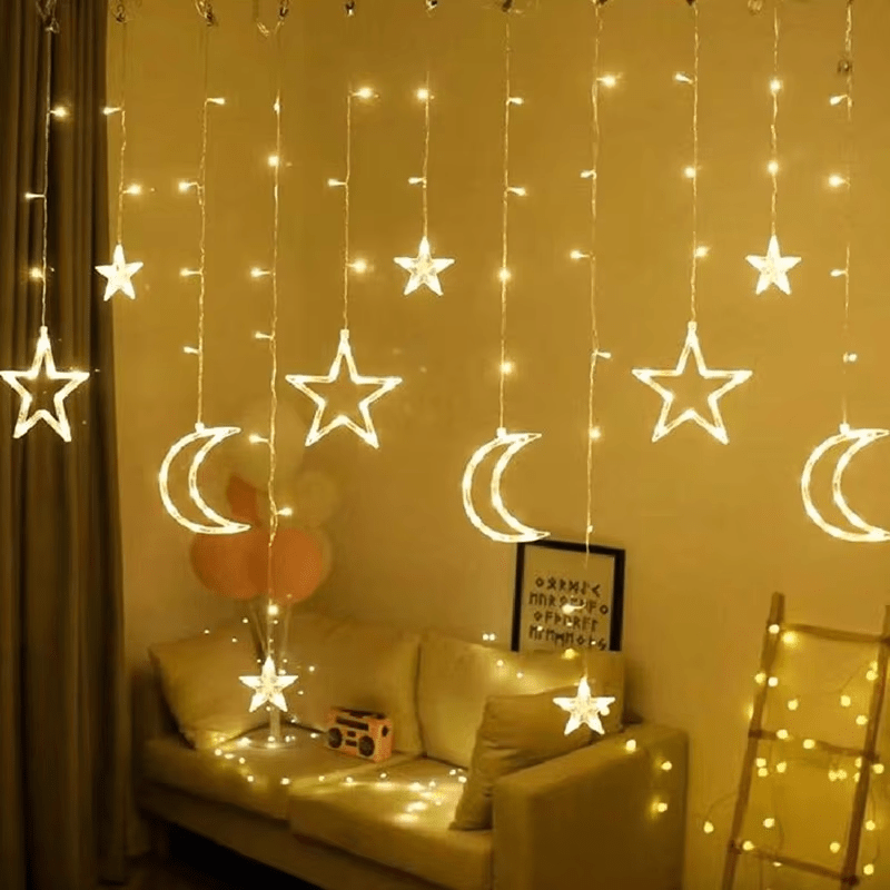 1pc Luces de Cortina LED con Estrellas y Luna - Sin Pilas Necesarias, Perfectas para Ramadán, Bodas, Cumpleaños, Graduaciones, Fiestas, Navidad, Halloween, Decoración del Día de la Independencia | Temática Nocturna Romántica | Adorno Lunar