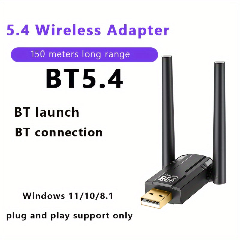 Adaptador de Red con Doble Antena USB BT5.4 de Larga Distancia, Dongle USB Receptor de Larga Distancia para PC/Auriculares/Tarjeta y muchos otros dispositivos BT, solo compatible con Windows 11/10/8.1 Plug and Play, soporta conectar hasta 7 dispositivos