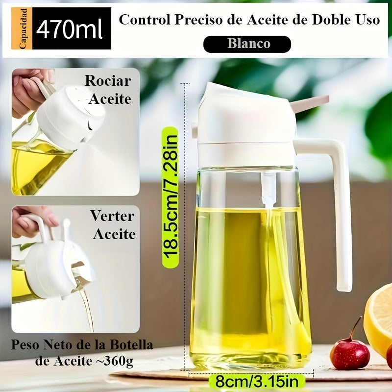 1pc Dispensador y Pulverizador de Aceite de Vidrio 2 en 1, 16oz/470ml, Forma Redonda, Libre de PVC, Lavable a Máquina, para Cocinar, Freidora de Aire, BBQ, Ensalada - Negro, Pulverizador de Aceite de Cocina | Botella de Vidrio Redonda | Mango de Agarre F