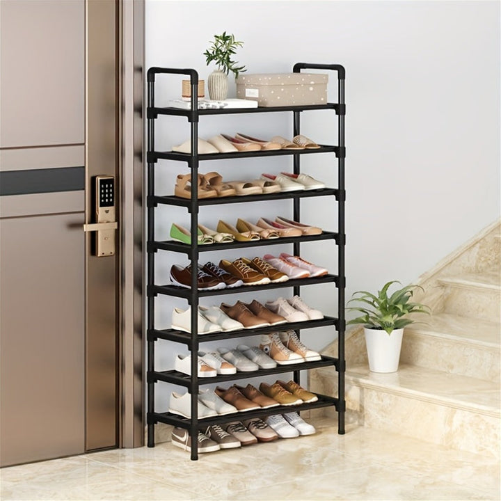 1pc Juego de zapateros de varios niveles, organizador de almacenamiento de metal y plástico de gran capacidad, fácil montaje y desmontaje, acabado de hierro, montaje en el suelo, se adapta a varias habitaciones, 7 estantes, tubo dorado incluido (8mm < di