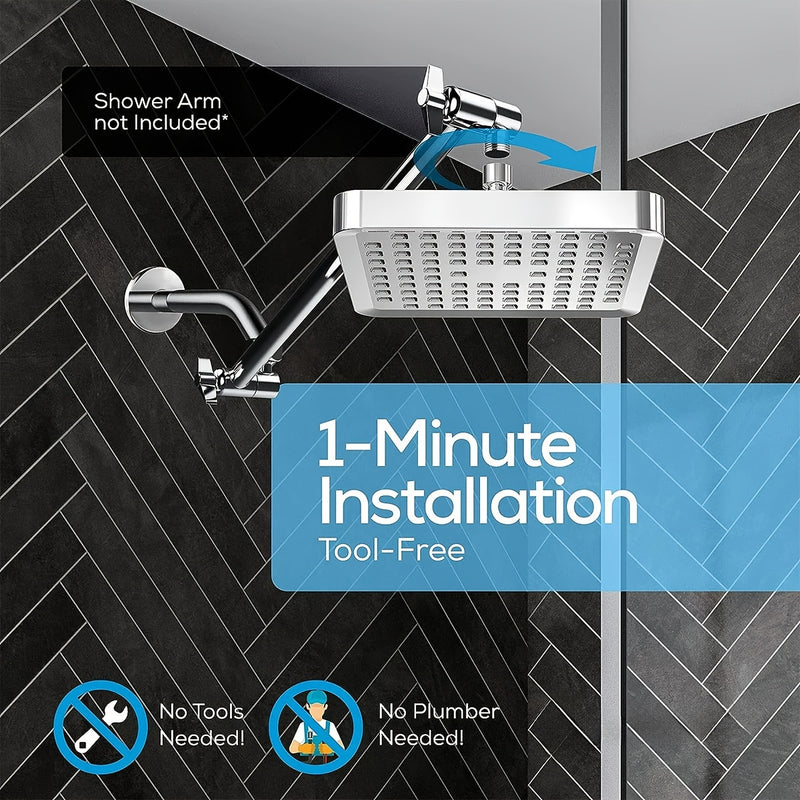 Cabezal de Ducha Cuadrado Pulido con Instalación en 1 Minuto - Diseño Moderno Galvanizado, Sin Herramientas ni Plomería, Disfruta de una Experiencia de Baño Lujosa, Accesorios para la Ducha