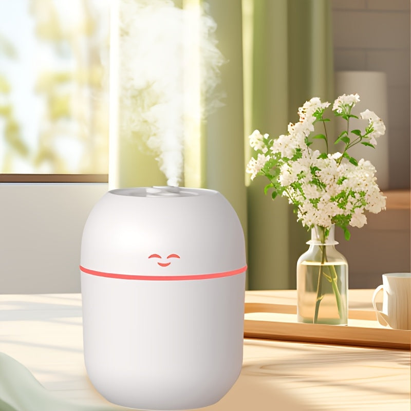 Humidificador de neblina ultrasonico de 220 ml con cara sonriente, blanco/pink, opera silenciosamente sin molestar el trabajo o el descanso, gran salida de neblina para ambientes secos, alimentado por enchufe sin baterías, compacto y ahorrador de espacio