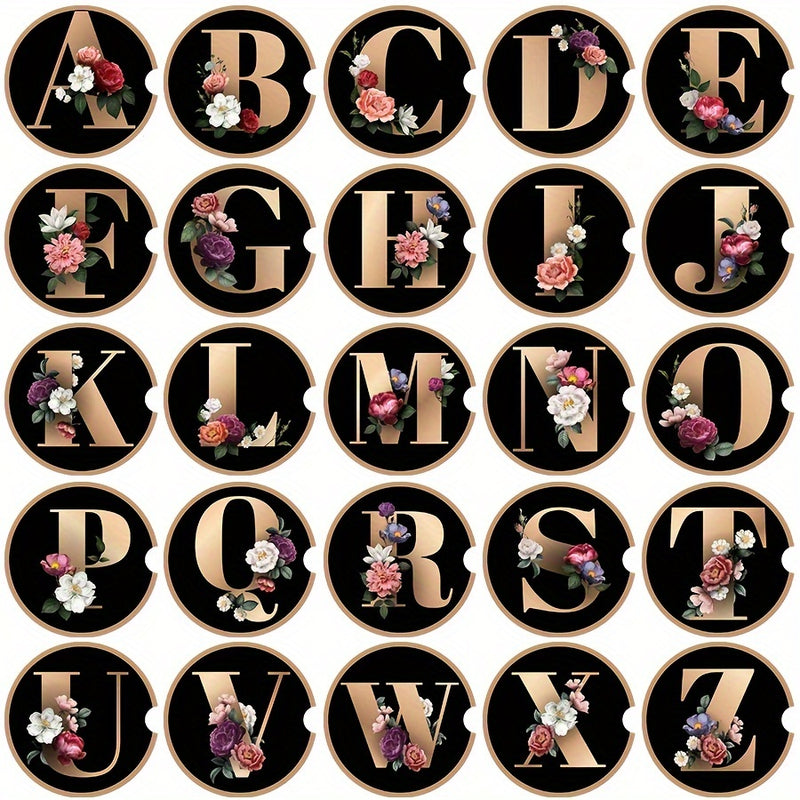 Juego De 2 Posavasos Redondos, Serie De Letras, Posavasos De Madera Estampados Con Flores, Posavasos Para Coche, Aislante Térmico Para Mesa, Decoración De Habitación, Suministros De Cocina