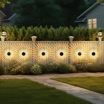 2 paquetes de luces solares para vallas con diseño hueco - IP65, luces solares LED para jardín, patio y escaleras, montaje semienterrado, control de sensor de luz, construcción metálica, iluminación exterior | Luces decorativas para vallas | Acabado metá