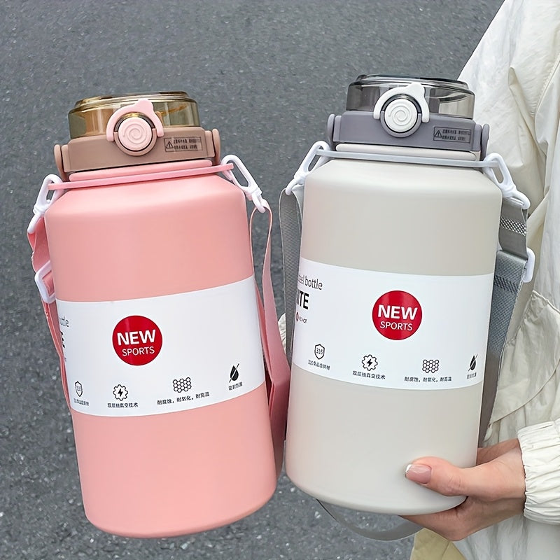 1 vaso aislado de acero inoxidable de 2000 ml, gran capacidad con asa, conserva el hielo y tiene una paja térmica, botella de agua deportiva portátil para uso al aire libre.