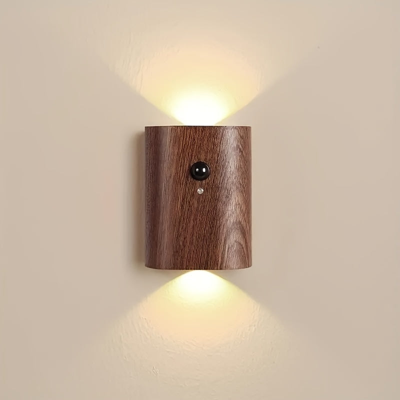 1pc Luz de Pared LED Moderna con Sensor de Movimiento y Alimentación USB - Madera Maciza, Brillo Ajustable, Batería Recargable de 800mAh, Ideal para Escaleras y Pasillos