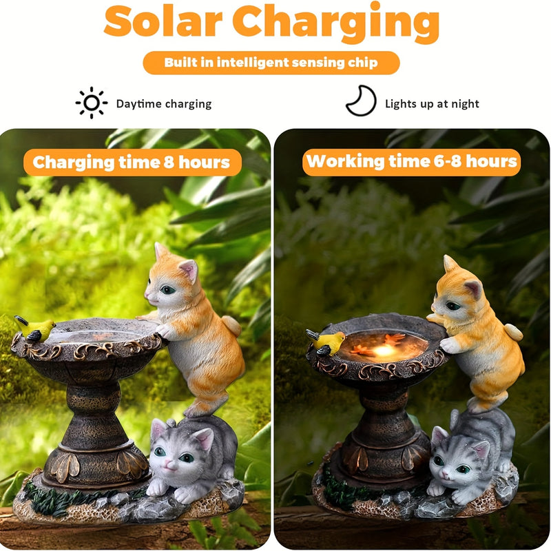 [1pc Estatua de Baño para Pájaros con Doble Gato con Energía Solar] Luces de Estatua de Baño para Pájaros con Doble Gato con Energía Solar, Escultura de Animal de Resina con Acabado Encáustico, Impermeable, Control de Botón, con Batería de Níquel Recarga