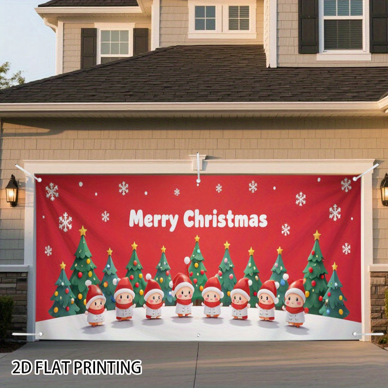 2D Banner de Puerta, 1 Pieza, Banner de Puerta de Elfo Feliz Navidad - Poliéster Duradero, Diseño de Copos de Nieve y Árboles, Ideal para Decoraciones de Vacaciones y Cumpleaños, Decoración de Jardín y Habitación al Aire Libre, Decoraciones de Navidad