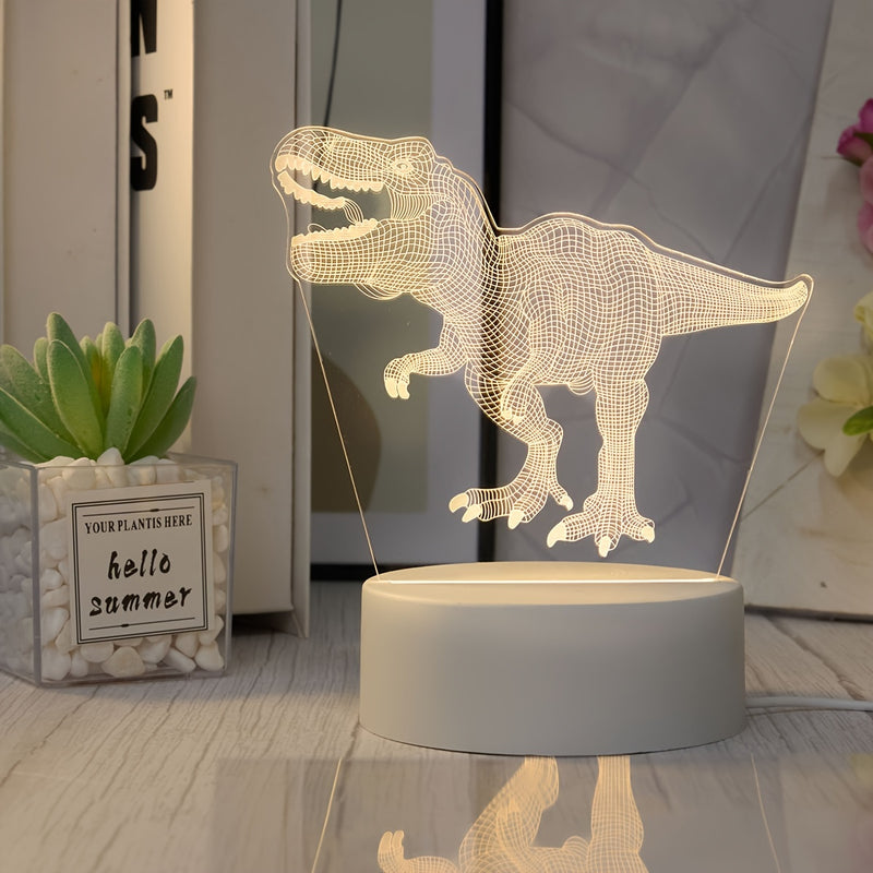 Luz Nocturna de Dinosaurio en 3D con Alimentación por USB - Lámpara Creativa de T-Rex con Efecto Luminoso, Decoración Moderna para Dormitorio y Mesa, Regalo Perfecto para Jóvenes y Adultos, Base Blanca, Material Plástico, Iluminación Ambiental con Alimen