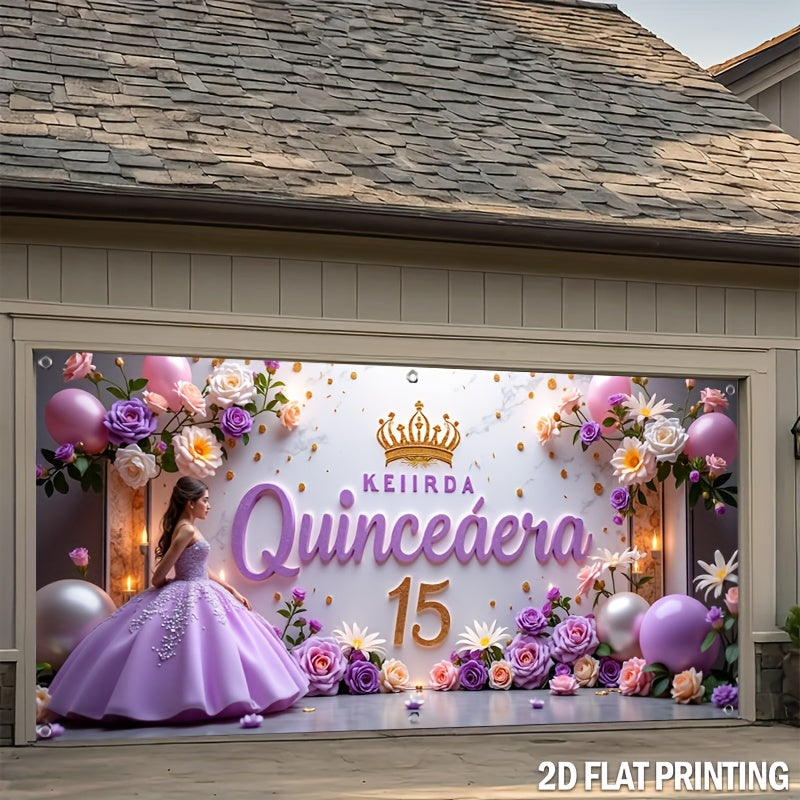 1pc, Feliz 15º Cumpleaños, Banner de puerta de garaje de cumpleaños al aire libre Cubierta de poliéster duradera Ideal para decoraciones diarias al aire libre - Precio sorpresa, Buena calidad y no requiere energía