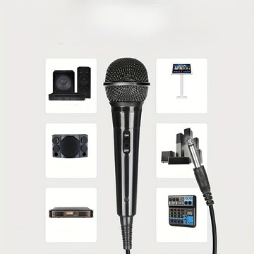 Micrófono Profesional Portátil, Negro, Cableado, Bobina Móvil, Multifunción, con Conector Jack de 6,35 mm, para Cantar, Karaoke, Conferencia de Video, Transmisión, Voz, Percusión, Viento, Cuerdas y Instrumentos de Cuerda Pulsada