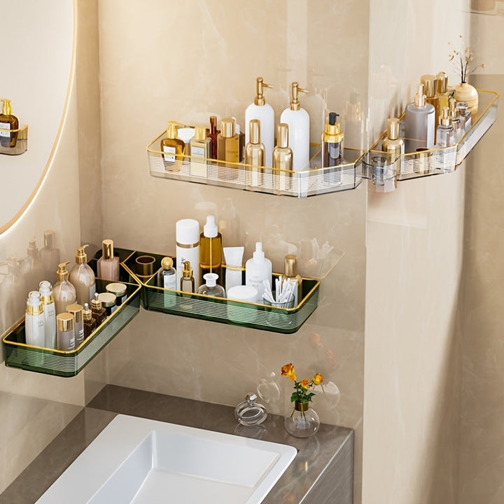 1pc Estantería de baño plegable de montaje en pared de lujo, canasta de plástico sin taladro para artículos de aseo personal, cosméticos, cocina, sin fragancia, organizador sin electricidad, sin batería