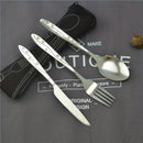 Juego de 3 piezas de cubiertos portátiles, cuchillo, tenedor y cuchara de acero inoxidable con estampado, para camping, barbacoa y uso familiar, incluye bolsa