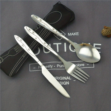 Juego de 3 piezas de cubiertos portátiles, cuchillo, tenedor y cuchara de acero inoxidable con estampado, para camping, barbacoa y uso familiar, incluye bolsa