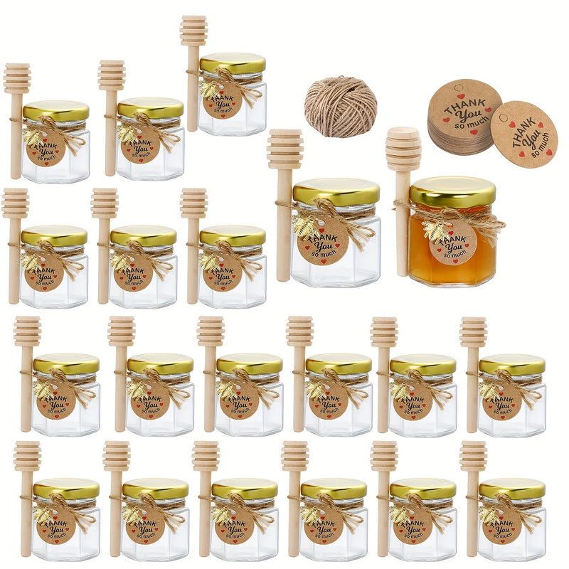Tarros de Miel de Vidrio Hexagonal Miniatura de 1.5 Onzas, Disponibles en Conjuntos de 20, 30, 50 o 60, Incluyen una Cuchara, Símbolo de Abeja y Tarjeta de Agradecimiento - Tarros con Tapa Dorada, Perfectos para Regalos de Bebé, Bodas y Fiestas.