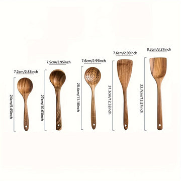 Conjunto de Utensilios de Cocina de Madera AIUHI de 5 Piezas, Cucharas de Madera y Juego de Espátulas Naturales para Sartenes Antiadherentes