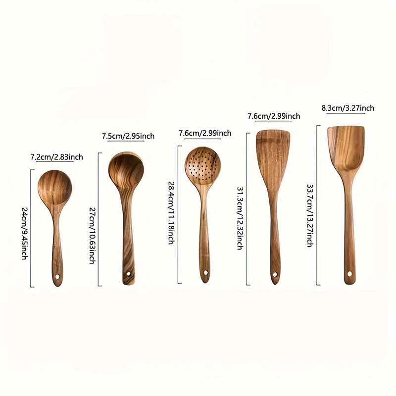 Conjunto de Utensilios de Cocina de Madera AIUHI de 5 Piezas, Cucharas de Madera y Juego de Espátulas Naturales para Sartenes Antiadherentes