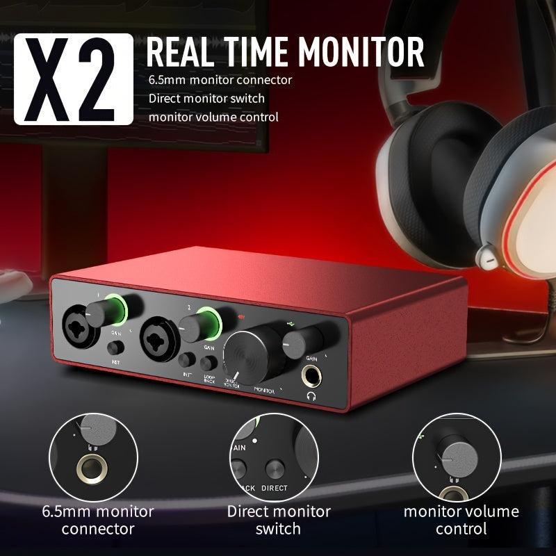 Interfaz de Audio AMACEX X2 para Grabación en PC, Podcasting y Streaming - Plug & Play, Silenciosa, Alimentada por USB con Conector de Monitor de 6.5mm, Controles de Volumen, Ideal para Músicos y Creadores de Contenido, Roja