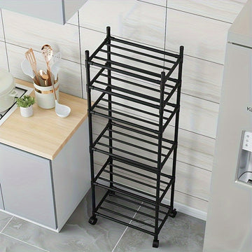 Carro de almacenamiento metálico de 6 niveles con ruedas y ganchos - Organizador de gran capacidad para cocina, baño y organización del hogar - Negro, sin necesidad de ensamblaje, carro de almacenamiento de cocina, unidad de estantería versátil, carro de
