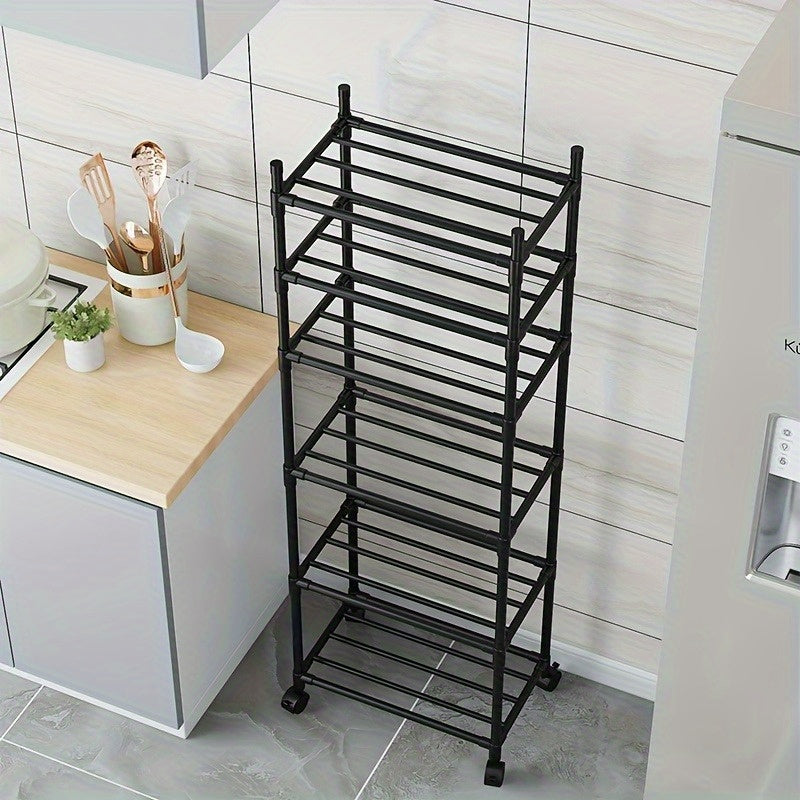 Carro de almacenamiento metálico de 6 niveles con ruedas y ganchos - Organizador de gran capacidad para cocina, baño y organización del hogar - Negro, sin necesidad de ensamblaje, carro de almacenamiento de cocina, unidad de estantería versátil, carro de