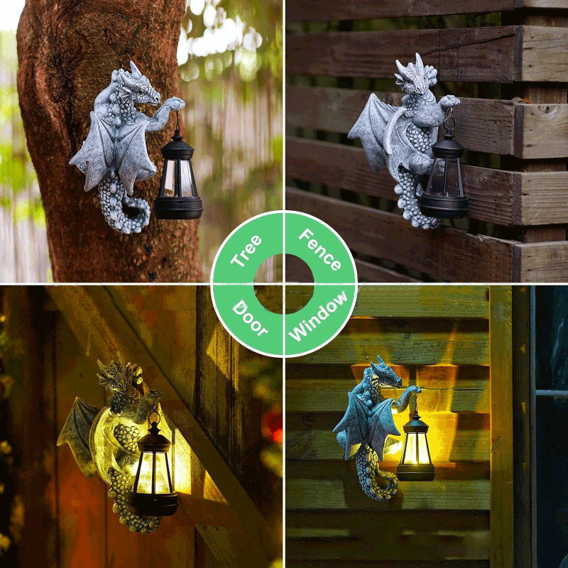 1 pieza de farol de pared solar con dragón gárgola de resina, decoración de patio al aire libre con batería de níquel de 600 mAh, tema animal, iluminación eficiente en energía, control de sensor de luz, sin control remoto, componentes fotovoltaicos, carg