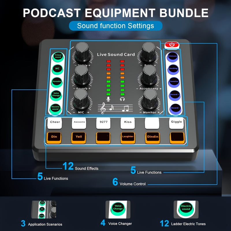 SKTOME Paquete profesional de podcasting - Interfaz de audio M8 todo en uno con micrófono unidireccional de grado de estudio, mezclador de DJ y batería de litio recargable - Perfecto para grabar, transmisión en vivo, juegos y karaoke en PC, smartphone y