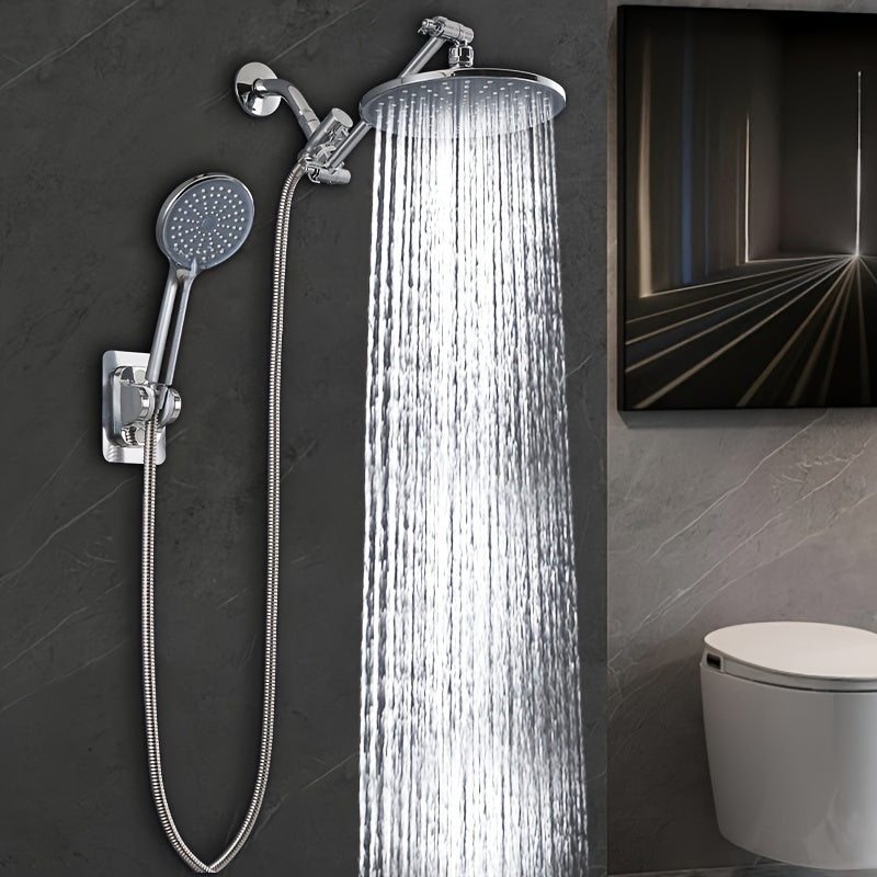 Cabezal de Ducha de Lluvia de Alta Presión con Brazo de Extensión de 10" - Montado en la Pared, Soporte Ajustable a Prueba de Fugas & Combo de Rociador Manual, Acabado Pulido