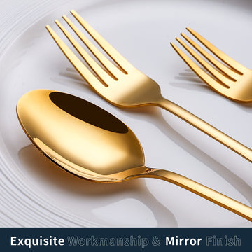 Juego de 32 cucharas elegantes de acero inoxidable dorado, 6,7" - Adecuado para lavavajillas, acabado espejo, cubertería plana para el hogar, cocina, restaurante - Ideal para postres y sopas