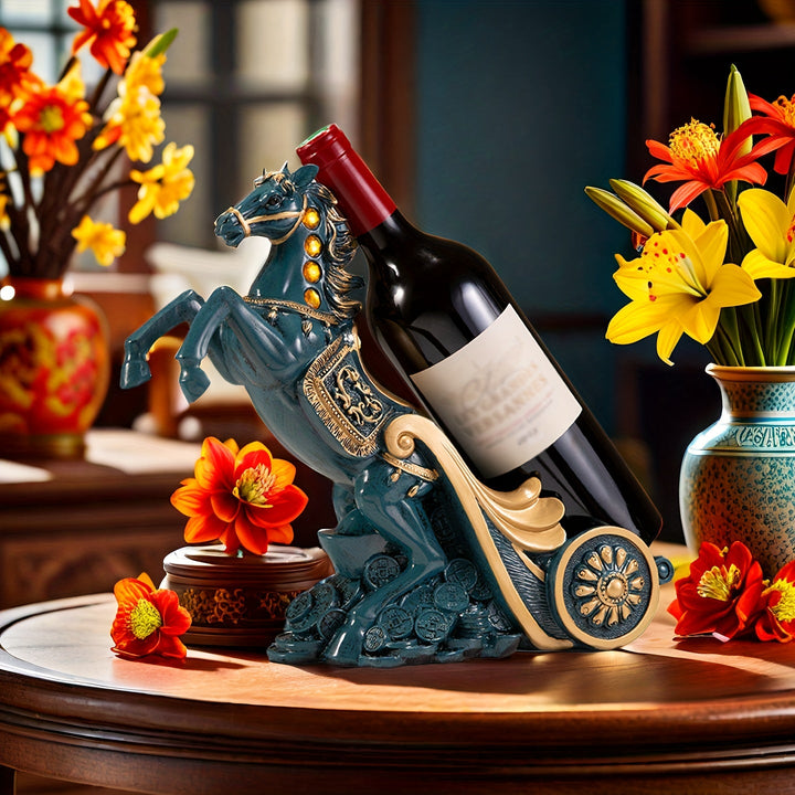 Elegante estante de vino azul con detalles dorados - Decoración lujosa de resina para sala de estar, soporte de TV o armario de vino - Regalo perfecto para mudanza o ocasiones especiales, decoración de caballos