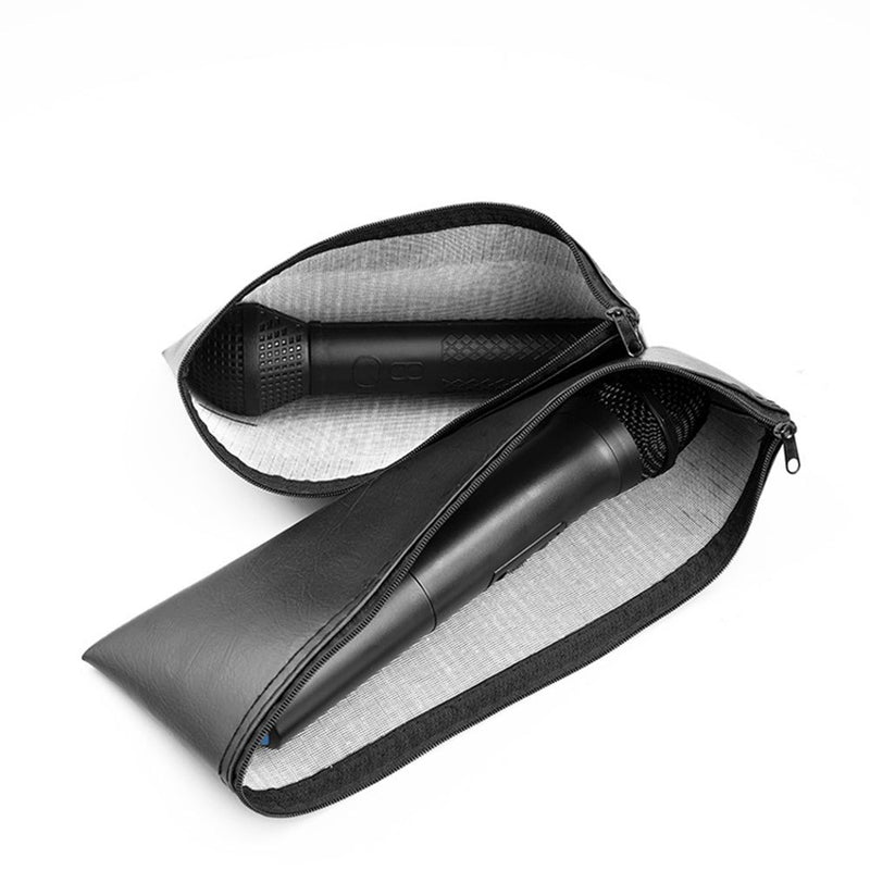 Bolsa de almacenamiento de micrófono de cuero sintético negro con cremallera - Estuche protector de choque para micrófonos inalámbricos y con cable, diseño compacto para un fácil transporte, estuche de almacenamiento de micrófono, cierre de cremallera se