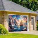 Banner para Puerta de Garaje Estrellado Cascada 1 pieza - Gran Telón de Fondo Decorativo Exterior con Barco de Vela, Cascada y Escena de Atardecer para Fiestas, Vacaciones y Decoración del Hogar