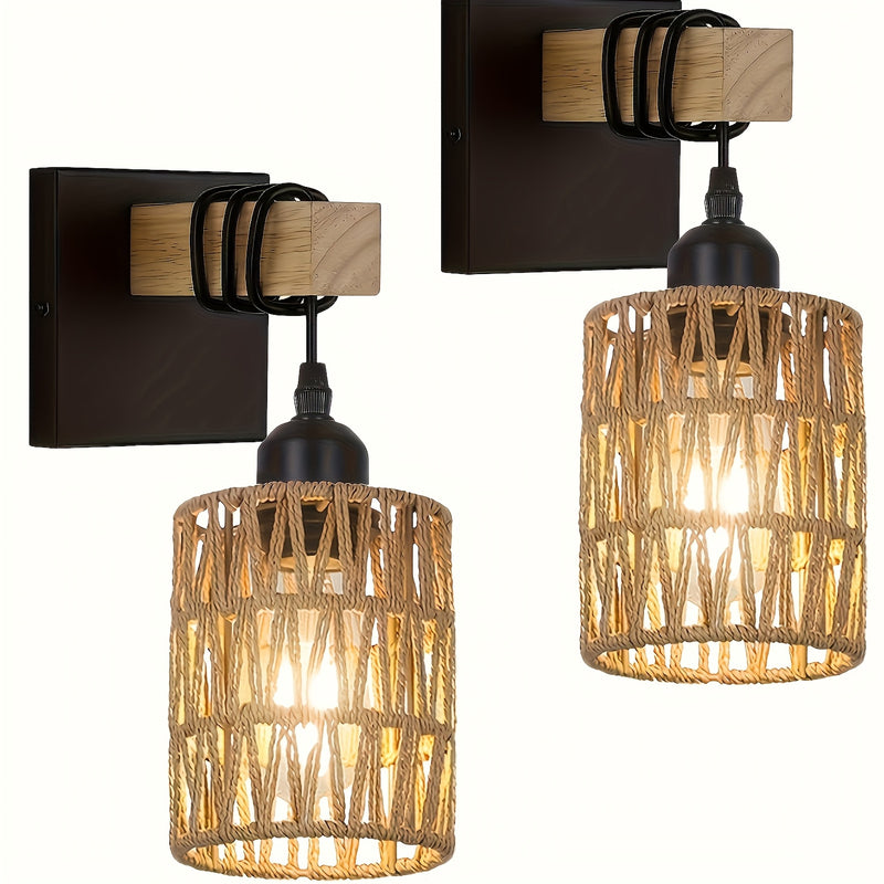 1pz/2pzs Apliques de Pared Estilo Boho de Ratán, Lámparas de Pared Tejidas al Hilo con Brazo de Madera para Casa de Campo, Grandes Luces Montadas en la Pared Rústicas de Mimbre para Dormitorio Guardería Sala de Baño y Salón