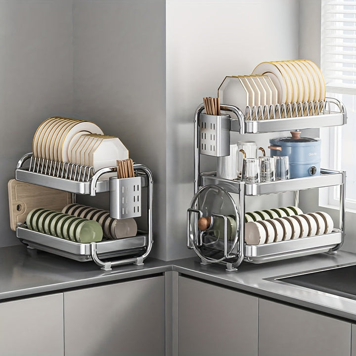 1 juego de escurridor de platos de acero inoxidable 201 grande, con 2 o 3 niveles, soporte para tazas, organizador de utensilios y repisa para escurrir, color plateado, para mesón de cocina