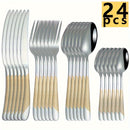 Juego de cubiertos de acero inoxidable con diseño de estrella, 24 piezas, incluye cuchillo para carne, tenedor, cuchara y cuchara de postre, ideal para hogar, cocina, hotel, restaurante, fiestas, bodas y eventos, apto para lavavajillas, disponible en var
