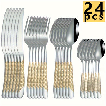 Juego de cubiertos de acero inoxidable con diseño de estrella, 24 piezas, incluye cuchillo para carne, tenedor, cuchara y cuchara de postre, ideal para hogar, cocina, hotel, restaurante, fiestas, bodas y eventos, apto para lavavajillas, disponible en var