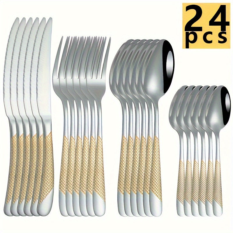 Juego de cubiertos de acero inoxidable con diseño de estrella, 24 piezas, incluye cuchillo para carne, tenedor, cuchara y cuchara de postre, ideal para hogar, cocina, hotel, restaurante, fiestas, bodas y eventos, apto para lavavajillas, disponible en var