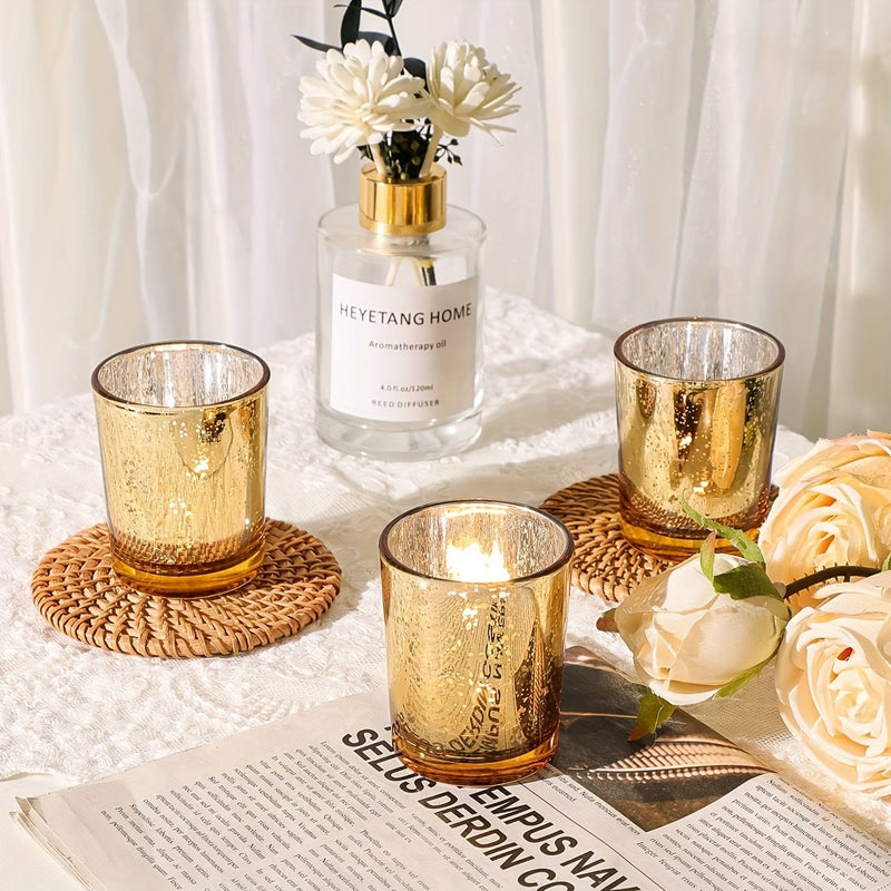 Set of 12 Golden Glass Tealight Candle Holders, Elegant Table Decoration for Party, Wedding, and Holiday Celebrations - Durable Glass Material for Lasting Use