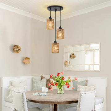 Lámpara colgante de ratán con 3 luces, lámpara de techo estilo granja para comedor, iluminación colgante boho con pantallas tejidas a mano de mimbre, ideal para cocina, sala, dormitorio, entrada o pasillo