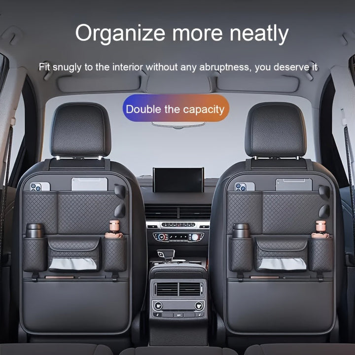 Bolsa de almacenamiento de respaldo de asiento de automóvil Ling Grid 4021, Negro, Sin necesidad de energía, Organizador de vehículo con caja de pañuelos, estante de almacenamiento de respaldo de silla para almacenamiento y organización de garaje y hogar