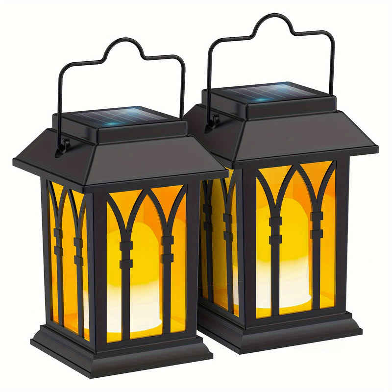 Linternas colgantes con energía solar para exteriores, paquete de 2 luces de velas parpadeantes de plástico, iluminación decorativa impermeable para porche, mesa de patio, panel solar no extraíble, batería de níquel de 400 mAh
